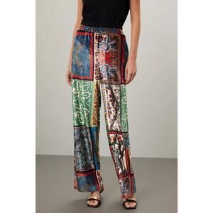 SFIZIO Patchwork Velvet Trousers Sz 2 Multicolor Pull-On Straight Wide Leg Italy